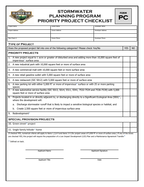 First page of the Priority Project Checklist