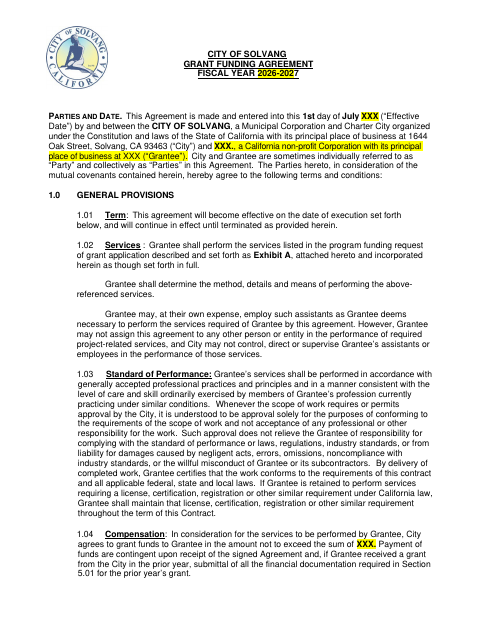 First page of the Grant Funding Agreement