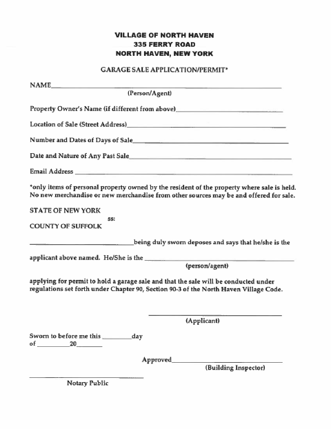 First page of the Garage Sale Application and Permit