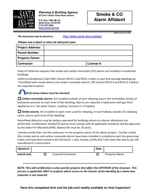 First page of the Smoke & CO Alarm Affidavit
