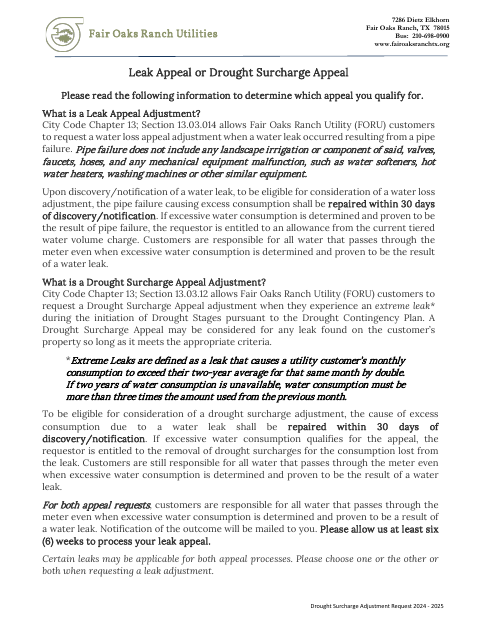 First page of the Drought Surcharge Adjustment Request 2024-2025