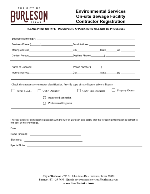 First page of the OSSF Contractor Registration
