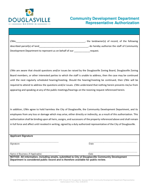 First page of the Community Development Department Representative Authorization Form