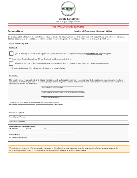 First page of the Private Employer Affidavit