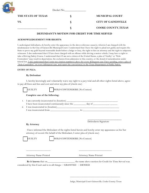 First page of the Defendant’s Motion for Credit for Time Served