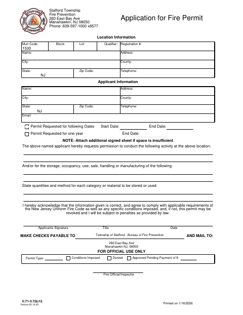 First page of the Application for Fire Permit