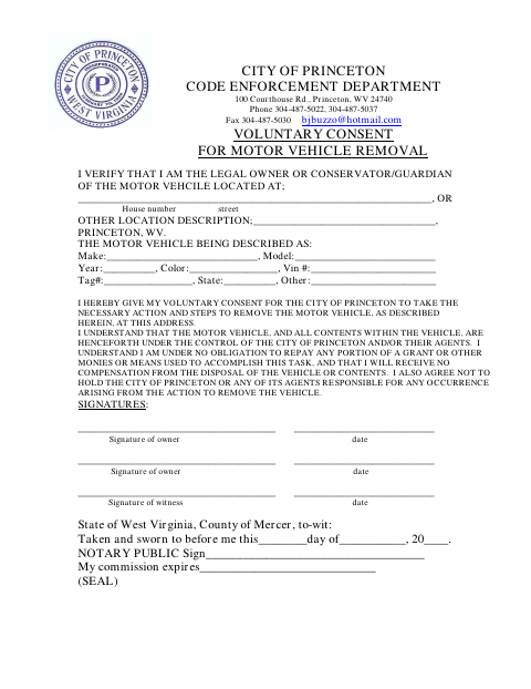 First page of the Voluntary Consent for Motor Vehicle Removal