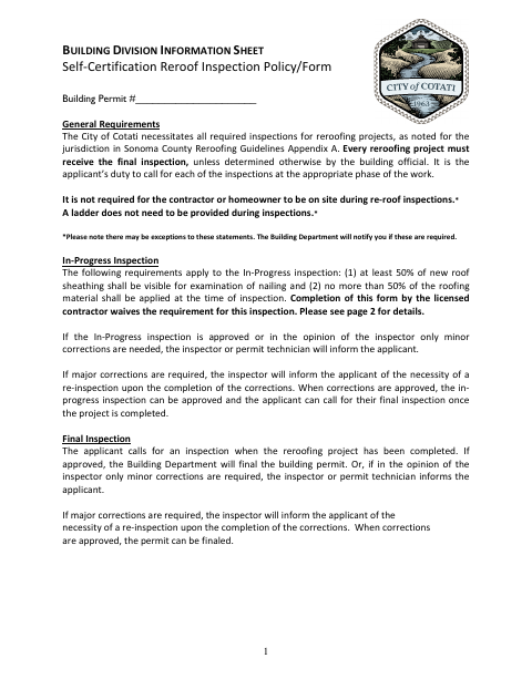 First page of the Self-Certification Reroof Inspection Policy and Form