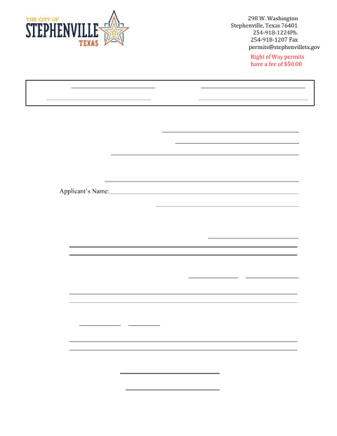 First page of the Public Right-of-Way Construction Permit Application