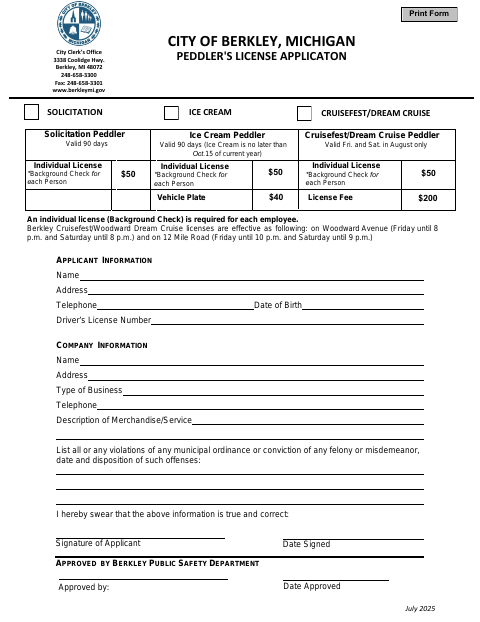 First page of the Peddler's License Application