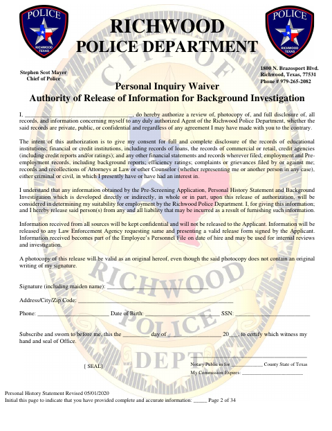 First page of the Police Background Investigation Release Waiver