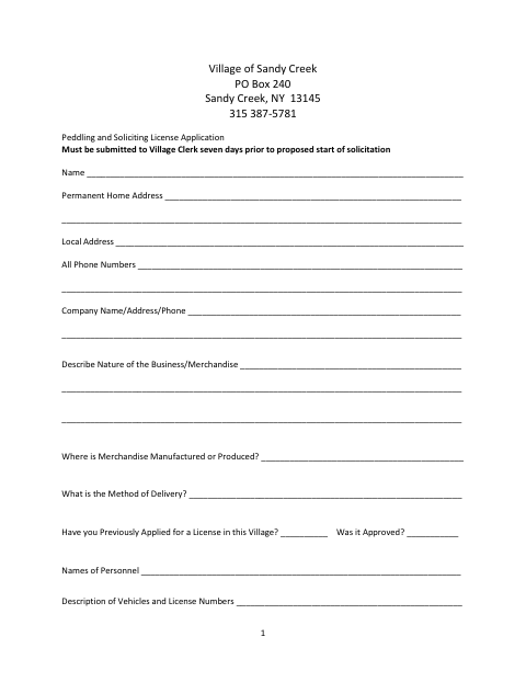First page of the Peddling and Soliciting License Application