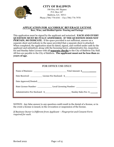 First page of the Alcoholic Beverage License Application