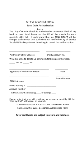 First page of the Bank Draft Authorization Form