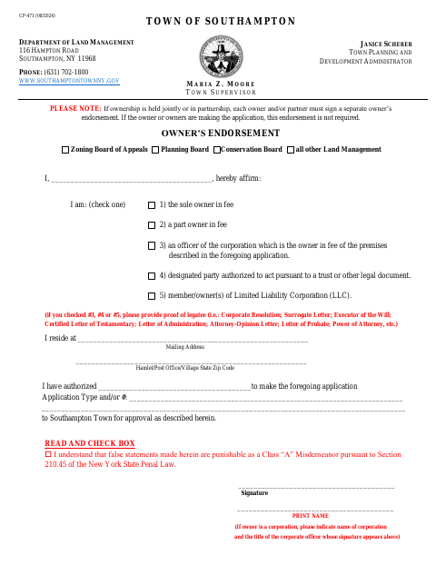 First page of the Owner’s Endorsement