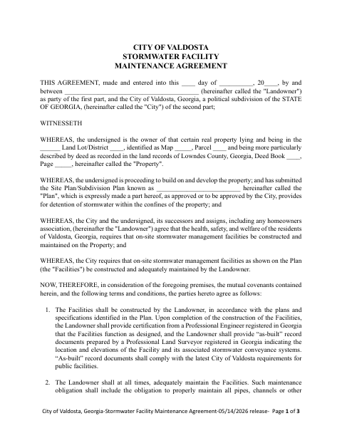First page of the Stormwater Facility Maintenance Agreement