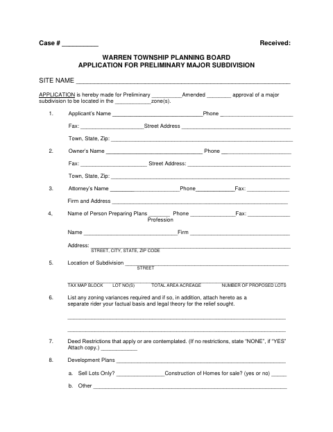 First page of the Preliminary Major Subdivision Application