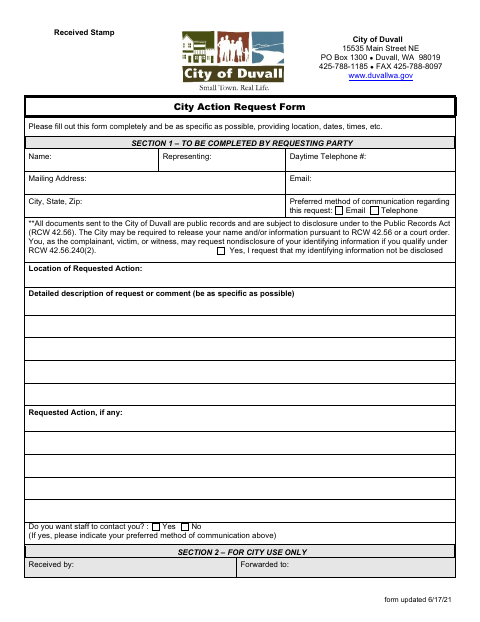 First page of the City Action Request Form
