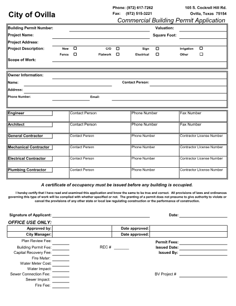 First page of the Commercial Building Permit Application