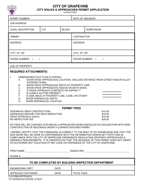 First page of the Walks & Approaches Permit Application