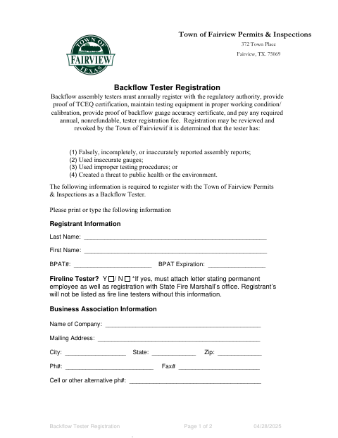 First page of the Backflow Tester Registration