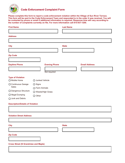 First page of the Code Enforcement Complaint Form