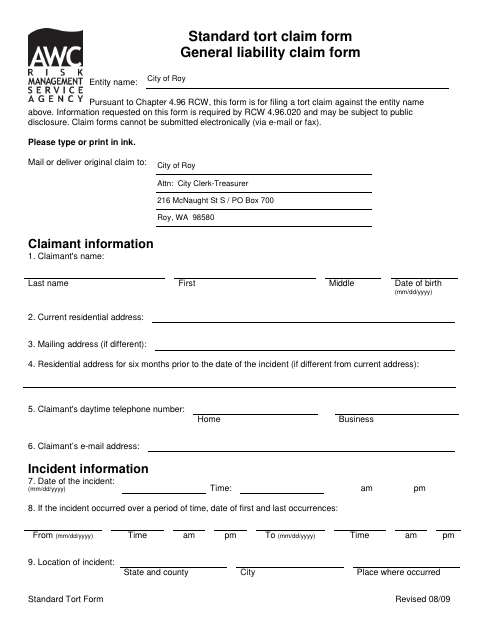 First page of the Standard Tort Claim Form