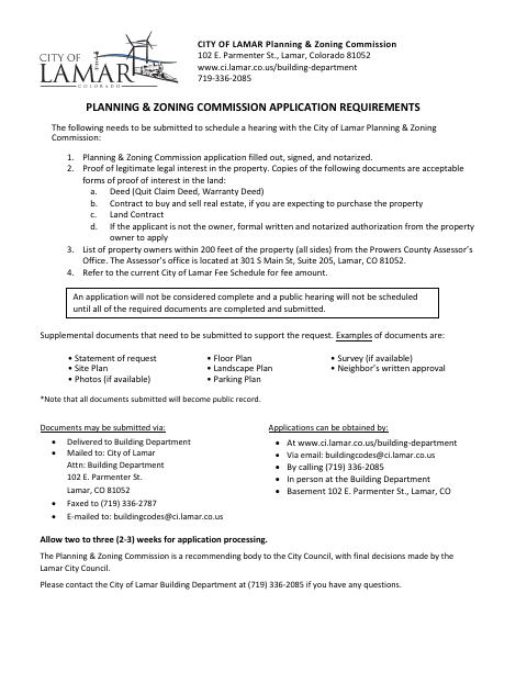 First page of the Planning & Zoning Commission Application