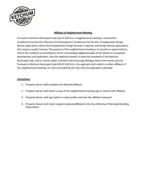 First page of the Affidavit of Neighborhood Meeting