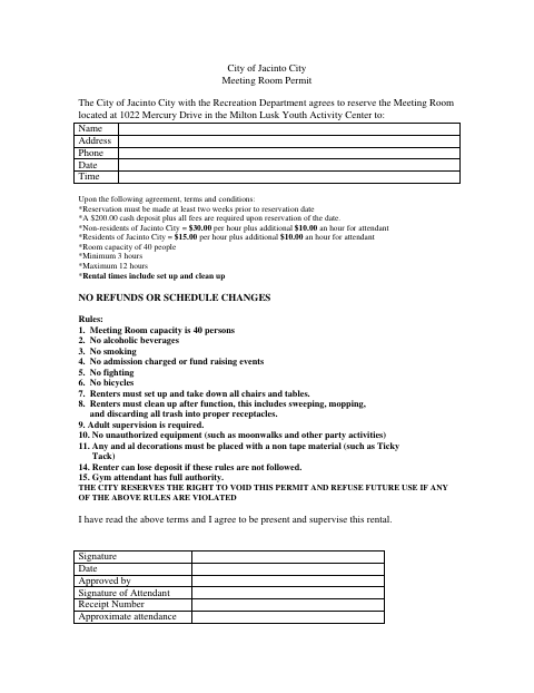 First page of the Meeting Room Permit