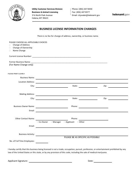 First page of the Business License Information Changes