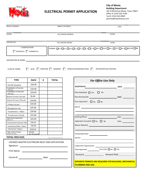 First page of the Electrical Permit Application