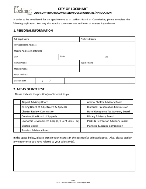 First page of the Board/Commission Application