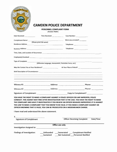 First page of the Personnel Complaint Form