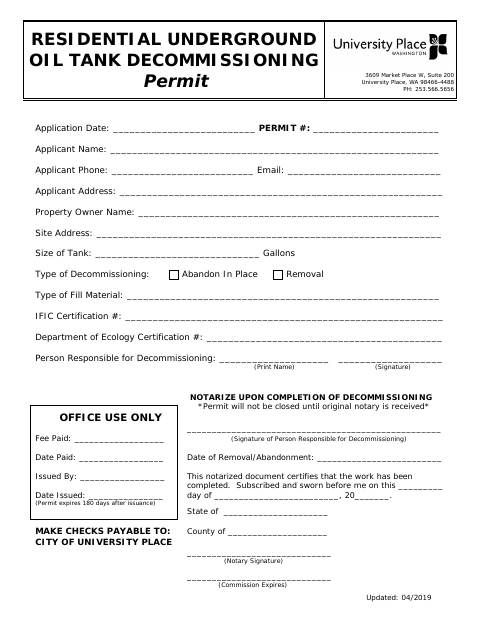 First page of the Residential Underground Oil Tank Decommissioning Permit Application