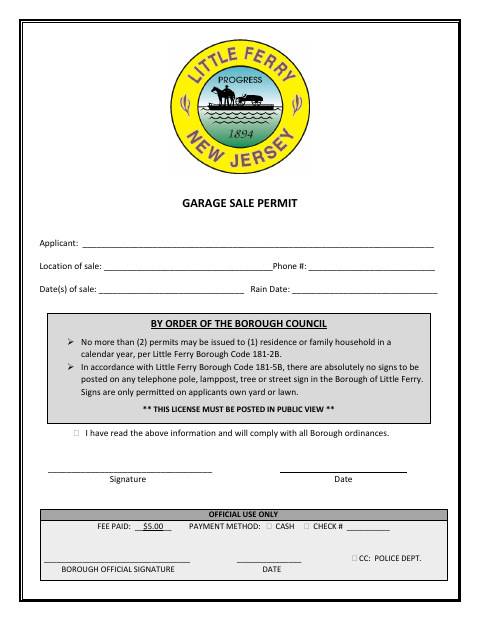 First page of the Garage Sale Permit