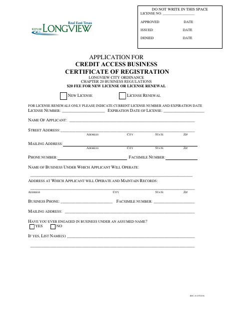 First page of the Credit Access Business Certificate of Registration Application