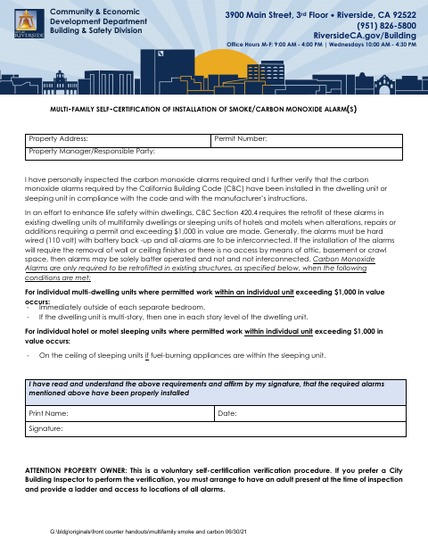 First page of the Multifamily Smoke and Carbon Monoxide Alarm Self-Certification