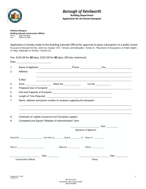 First page of the Application for On-Street Dumpster