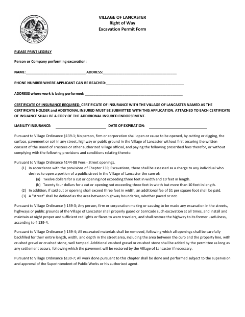 First page of the Right of Way Excavation Permit Form