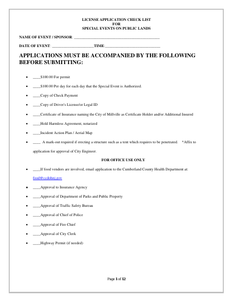 First page of the Special Event on Public Lands License Application