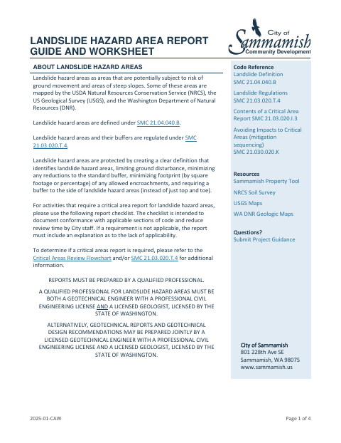 First page of the Landslide Hazard Area Report Guide and Worksheet
