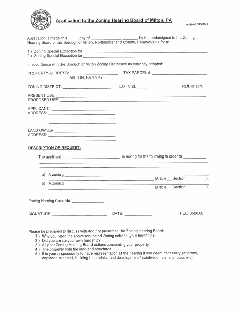 First page of the Zoning Special Exception Application