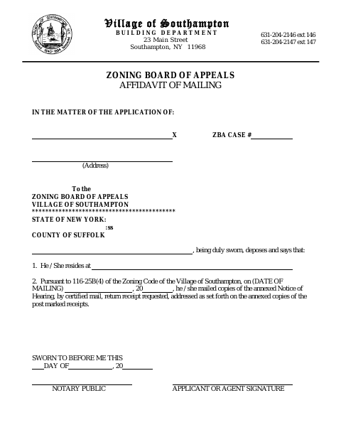 First page of the Zoning Board of Appeals Affidavit of Mailing
