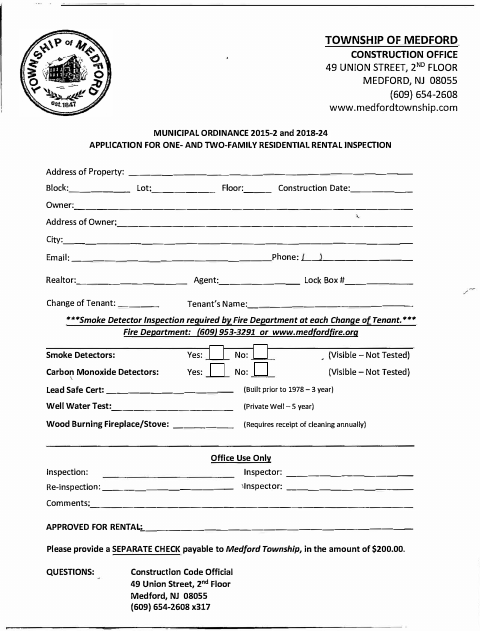 First page of the Residential Rental Inspection Application