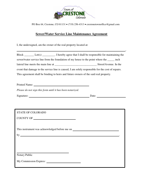 First page of the Sewer/Water Service Line Maintenance Agreement