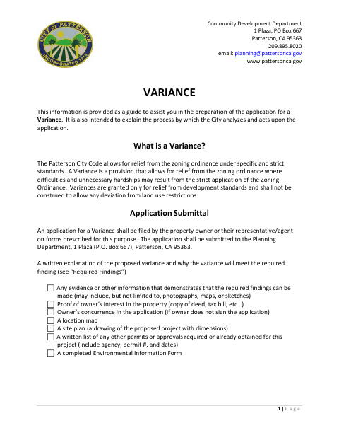 First page of the Variance Application