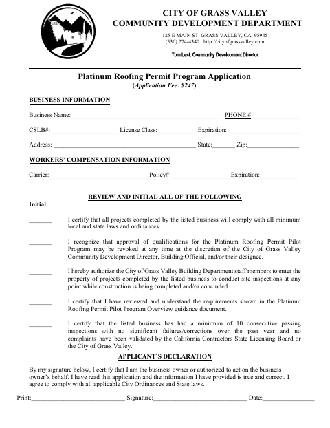First page of the Platinum Roofing Permit Program Application