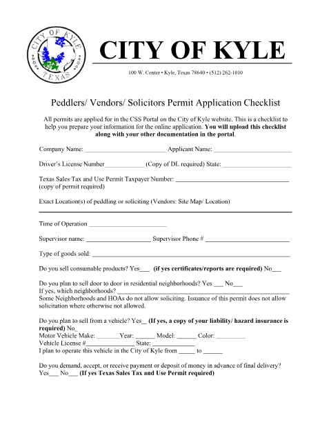 First page of the Peddlers, Vendors and Solicitors Permit Checklist