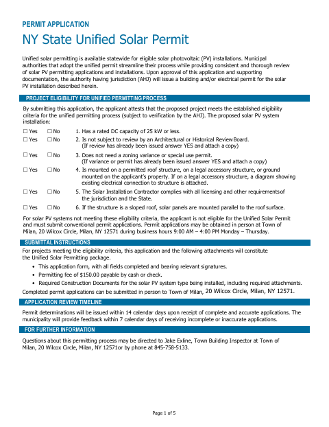 First page of the NYS Unified Solar Permit Application